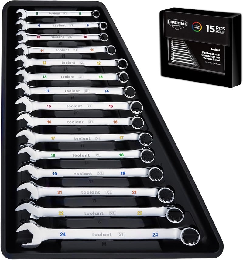 toolant Max Grip 15pcs Professional Metric Combination Wrench Set with Long Pattern Offset Heads Anti-Slip Teeth & Color-Coded Markings for Machinist, Auto, maintenance, DIYer - Image 1